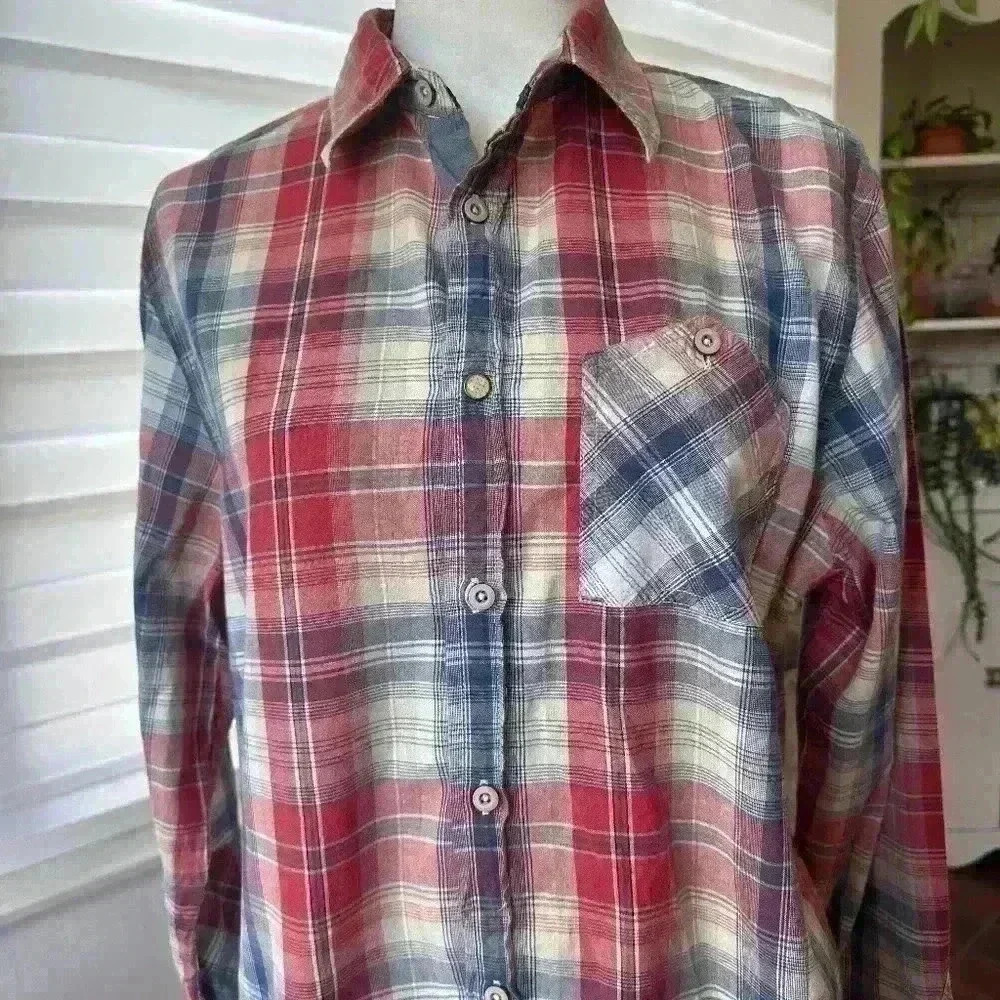 Guess Jeans Men's Clyde Plaid Button Pocket Shirt Long Sleeve Check Blue Size M - Picture 3 of 8